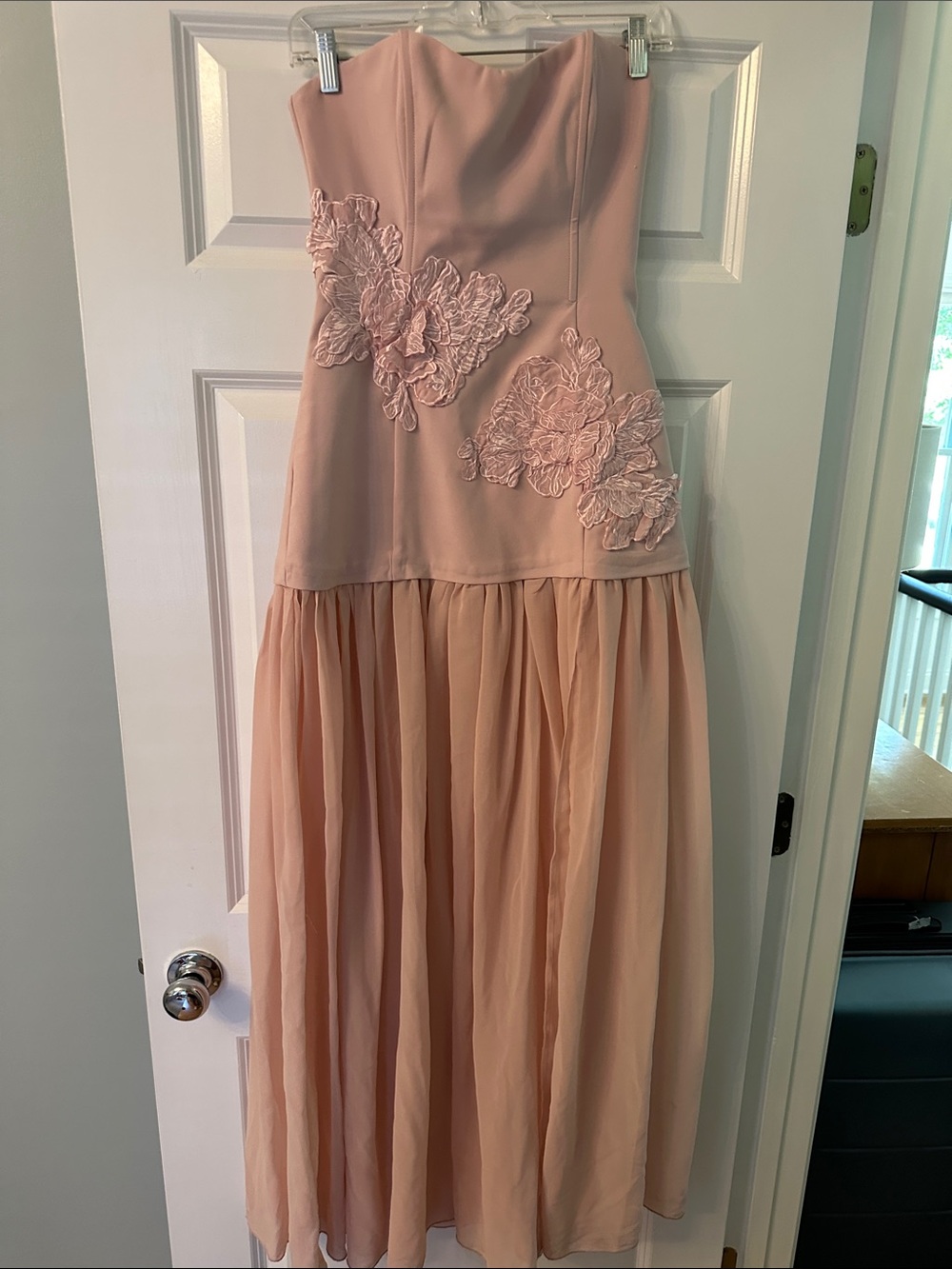 Strapless Blush Pink Floral Appliqué Gown